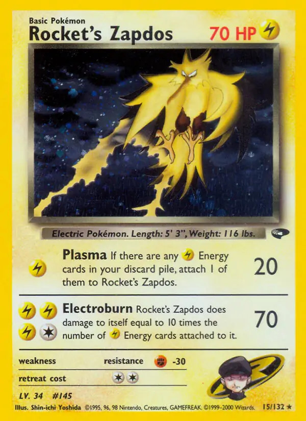 Rocket's Zapdos - 15/132 - Pokemon Gym Challenge Unlimited Holo Rare WOTC HP