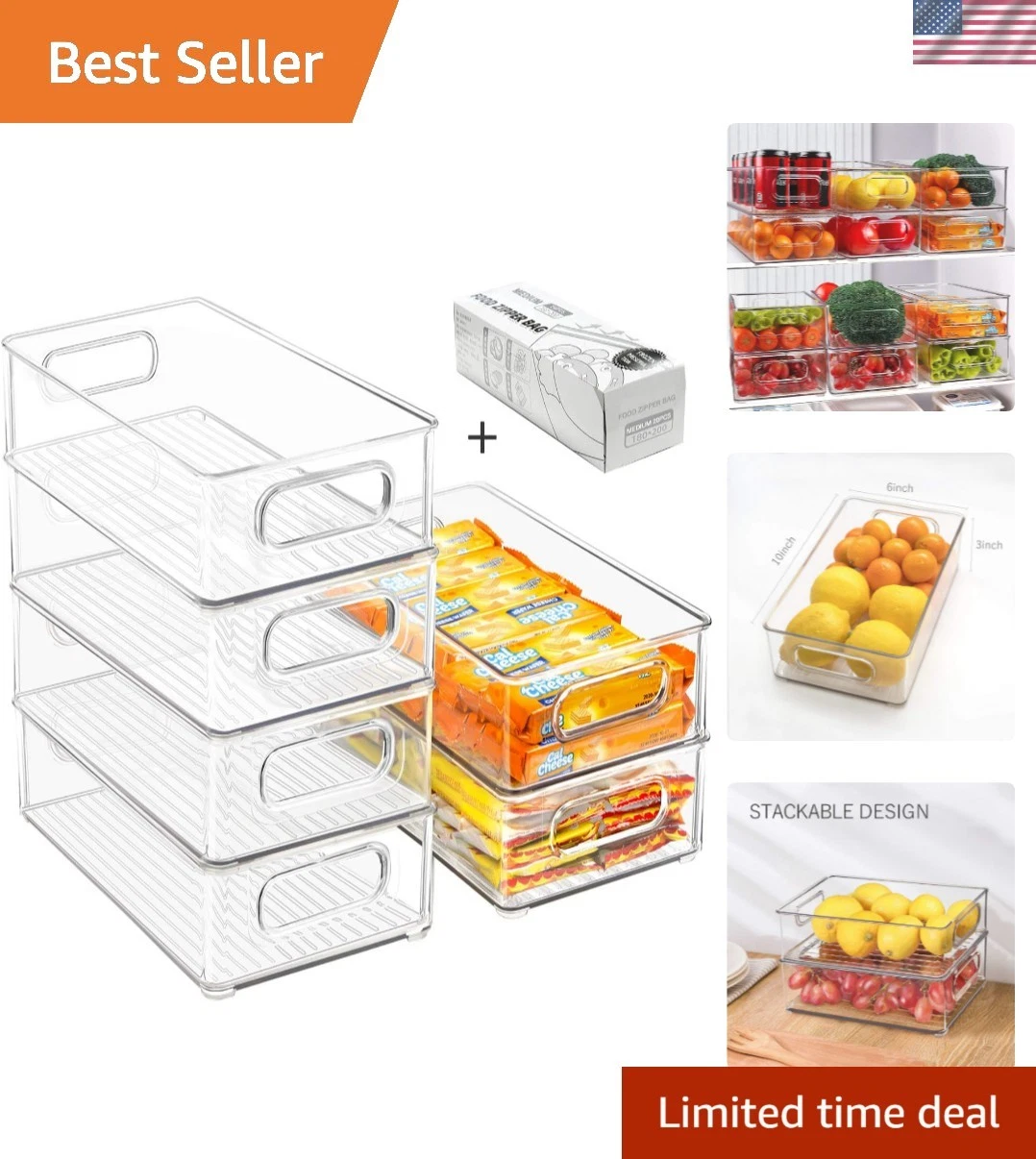 Stackable Refrigerator Organizer Bins, 6 Pack Clear Kitchen Organizer Contain...