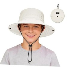 Packable Kids Sun Hat UPF 50 Girls Boys Beach Bucket 8-12 Years Beige Big Kid