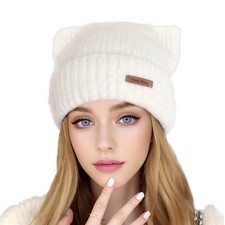 Cat Ear Beanie Cute White Crochet Winter Warm Hat Medium,