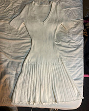 Women’s White Ribbed Knit V-Neck Short Sleeve Skater Dress Stretch Pullover S