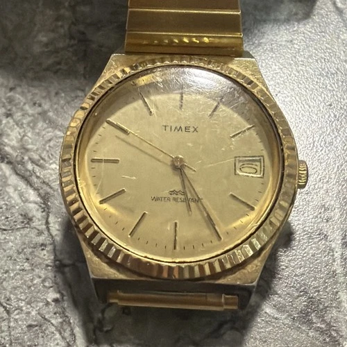 VTG Timex Marlin Hand-Winding Mechanical Watch Men Gold Tone Fluted Bezel Date