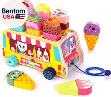 Wooden Ice Cream Truck, 28 Pcs Magnetic Ice Cream Sweet Treats Pretend Play Food