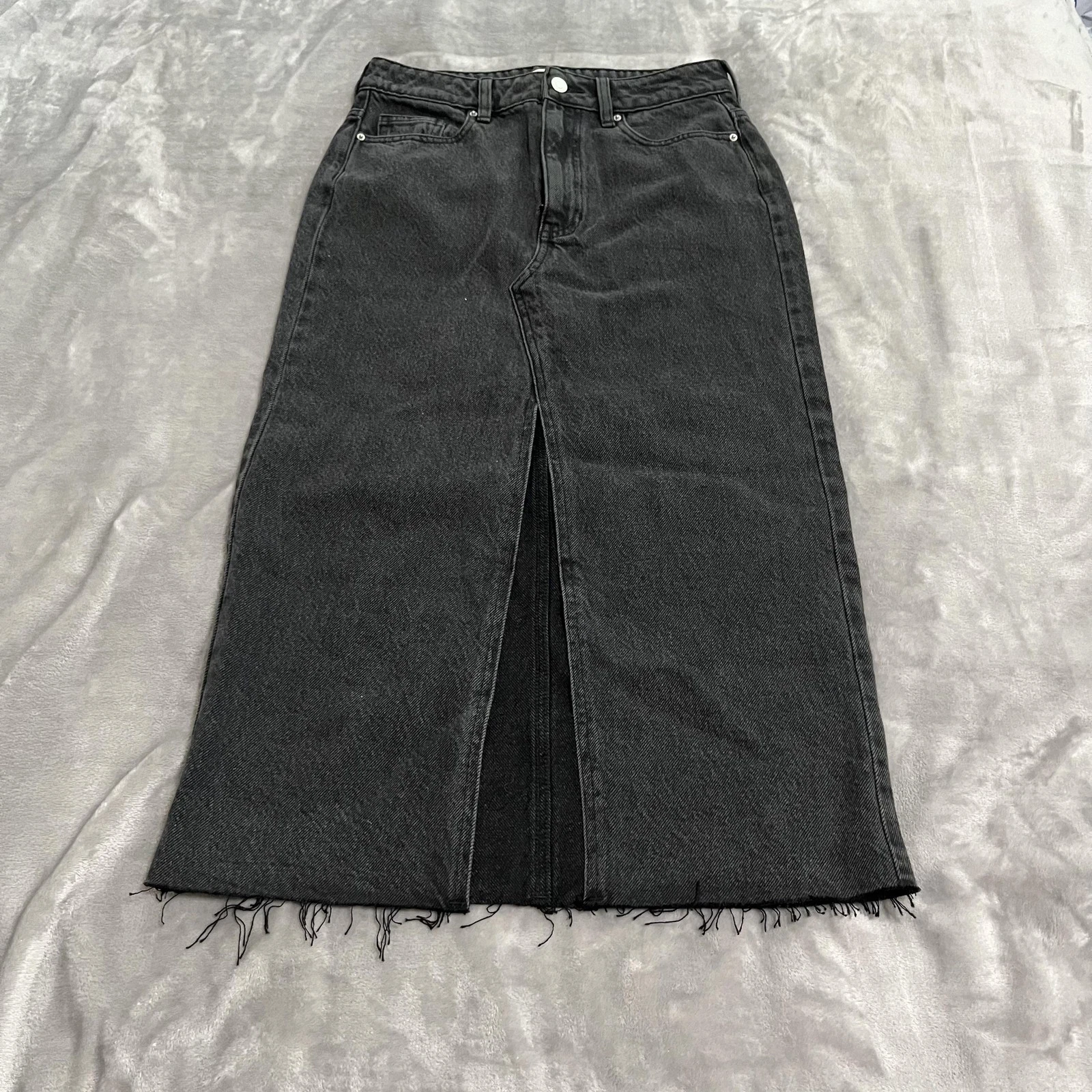 Pacsun Denim Skirt Womens 25 Black High Waist Frayed Hem Front Slit Midi Jeans