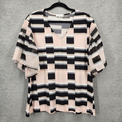 Calvin Klein Womens XL V-Neck Flutter Sleeve Geometric Blouse Pink Black