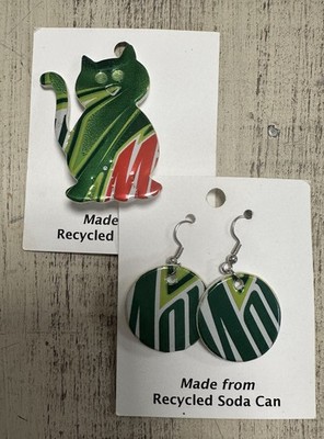 Mountain Dew Earrings & Pin  Mnt Dew Soda Cat Pin Hook Drop - Hand Crafted ￼
