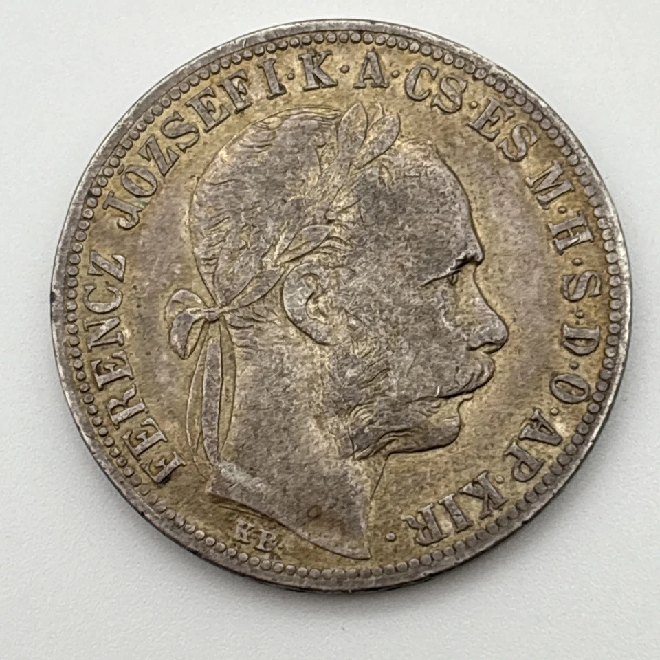 Moneda de plata Hungría 1 florín 1892 Francisco José I - Escudo húngaro con corona Foto 2 de 2