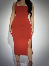 Fashion Nova Red Square-Neck Midi Dress with Side Slit