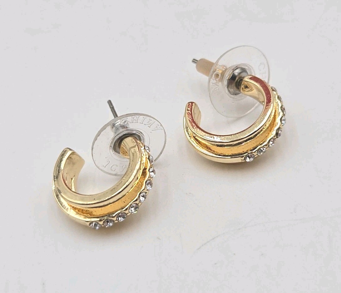 Vintage Gold Tone Rhinestone Half Hoop Earrings Red Enamel Pierced Fashion...