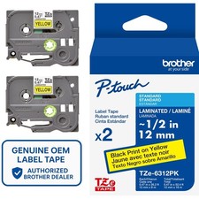 Genuine Brother TZe-6312PK Black on Yellow 12mm 1/2" P-Touch Label Tape