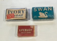 3 Vintage Bars of Soap - Ivory, Swan and Lifebuoy - Encased in Mylar Plastic