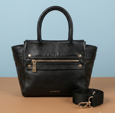 Paul Costelloe Black Real Leather Tote Grab Bag Handbag Gold Hardware