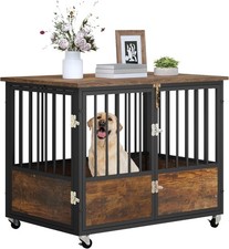 Dog Crate Furniture with Wheels  Double-Doors Rustic Brown Heavy Duty Metal