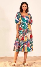 Farm Rio XS Off White Macaw Womens Dress Cotton Puff Sleeve Smocked Midi