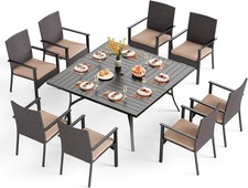 9PCS Outdoor Dining Set Patio Rattan Chair Large Metal Table with Umbrella Hole