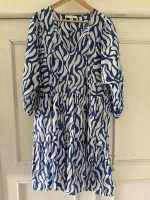 Kleid von Oui Sommerkleid Gr. 44 46 100% Baumwolle blau weiß Stufenkleid 3/4 Arm