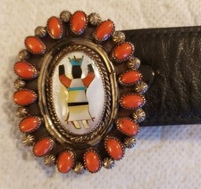 Navajo Concho Belt With Conchos Inlaid with Coral, Mother-Of-Pearl  Turquoise