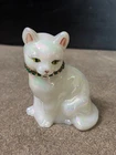 Vtg Fenton Art Glass Cat White Opalescent Green Jewel Collar May Birthday Signed