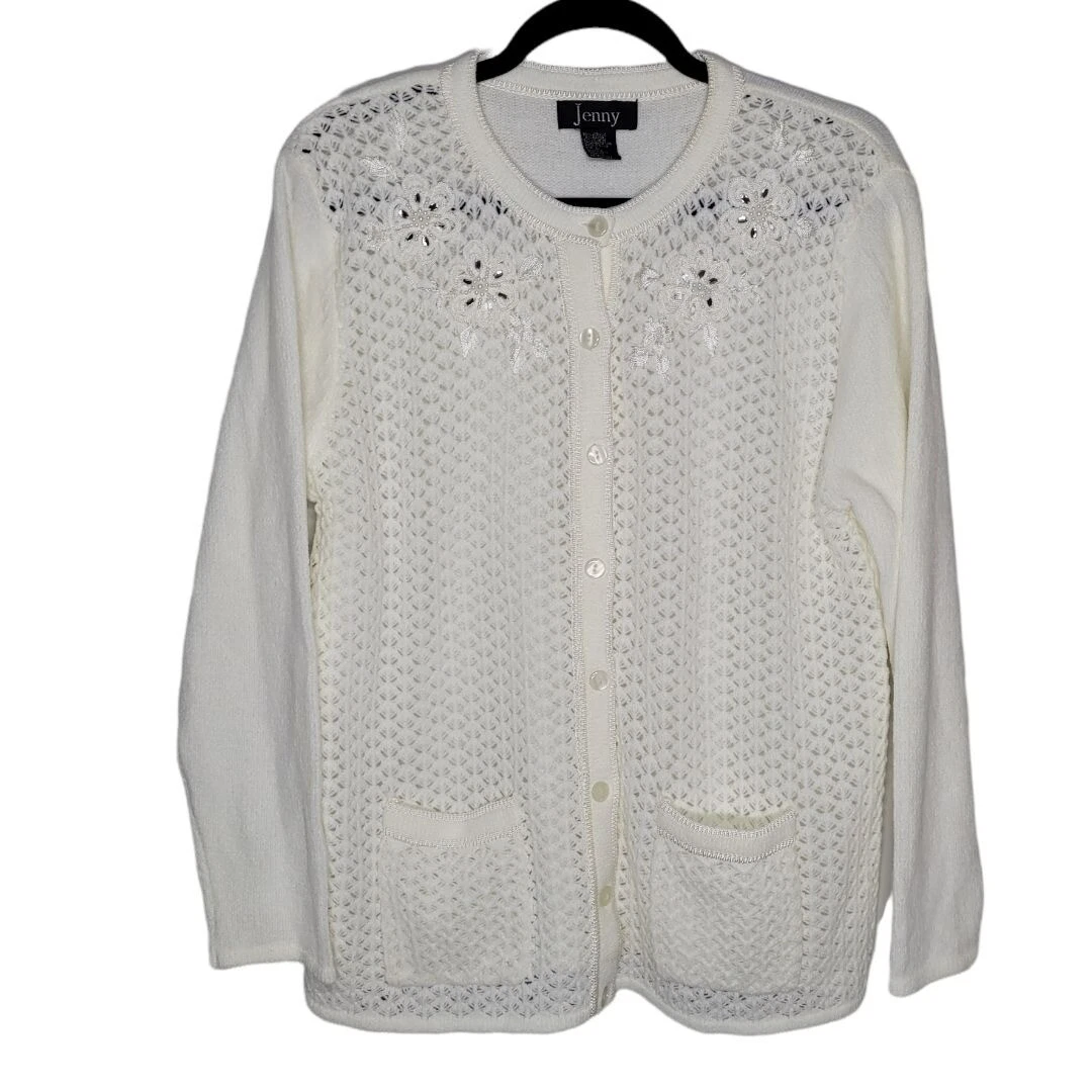 Jenny Womens button up ivory knit cutout long sleeve cardigan