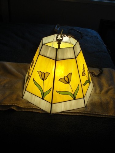 Vintage Slag Stained Glass Hanging Chandelier Light Fixture 6 Flowers 6 Sided - Picture 2 of 7