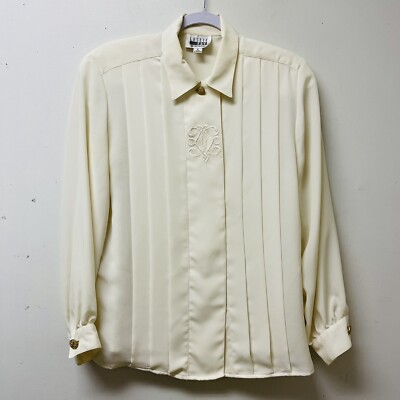 Leslie Fay Retro Blouse Womans 6 Cream VTG Secretary Modest Embroidery Career 