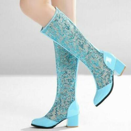 Women's Mesh Pointy Toe Casual Mid Calf Boots Fashion Block Heel Knee High Shoes - Picture 14 of 14