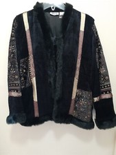 Boho Womens Black Jacket Faux Fur Lined Jeweled Patchwork VTG Size M