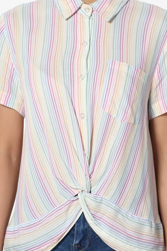 TheMogan Striped Twist Hem Button Up Shirt Short Sleeve Collared Woven Blouse - Bild 13 von 20