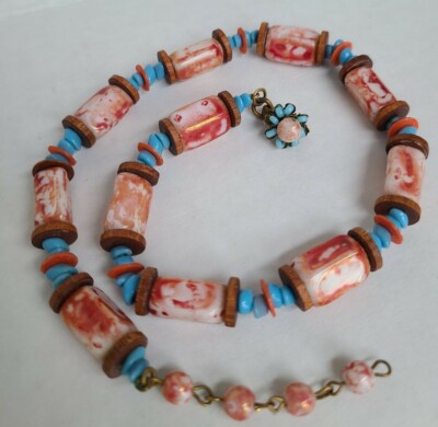 Vintage Miriam Haskell Necklace Signed Glass & Wood Beads