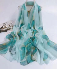 100 Silk Scarf Women neckerchief large Shawl Wrap floral blue green thin