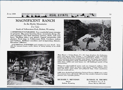 1929 AD ~ ROCKY MOUNTAIN SPORTSMAN'S RANCH FOR SALE ~ DUBOIS, WYOMING