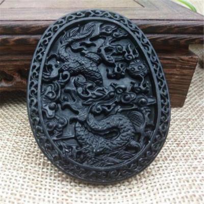 Chinese Natural Black Green Jade Hand Carved Jade Pendant Dragon Lucky Amulet