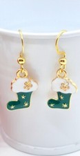 Cute Green Christmas Stocking Earrings, White Green, Gold Snowflake, 3/4"