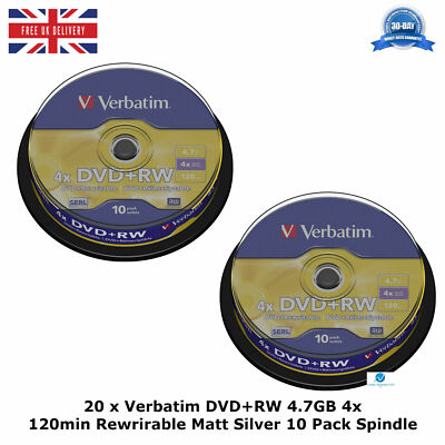 20 x Verbatim DVD+RW 4,7GB 4x 120min wiederwährbar matt silber 10er Pack Spindel Neu