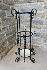 Vintage Victorian Wrought Iron Twisted Scroll Umbrella Stand with Drip Pan
