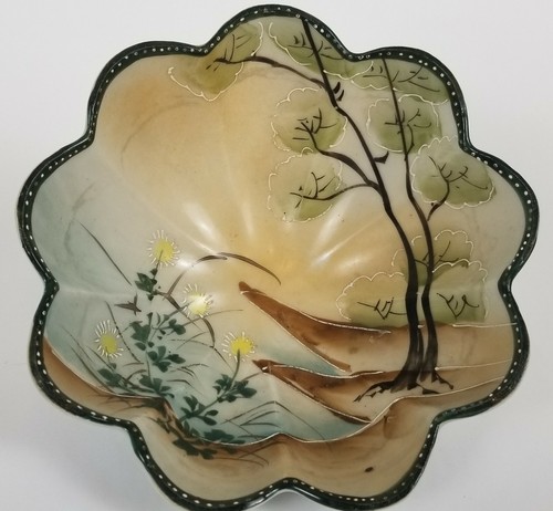 Vintage Hand Painted Nippon Tree Lake Flowers Footed Master Nut Bowl 6"
