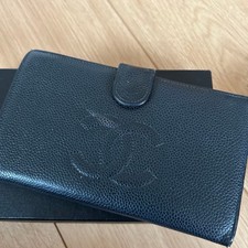 Chanel Caviar Skin Coco Mark Bi-fold Long Wallet Leather Black Women's Authentic