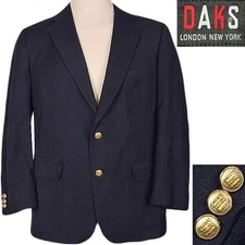 Vintage DAKS Navy Blue Wool Blazer Sport Coat Suit Jacket Gold Logo Buttons 42