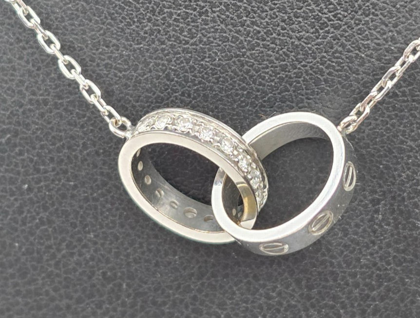 $5950 Genuine Cartier Half Paved Interlocking 18k WG Love Necklace