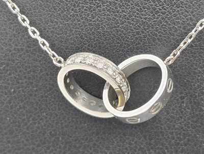 $5950 Genuine Cartier Half Paved Interlocking 18k WG Love Necklace