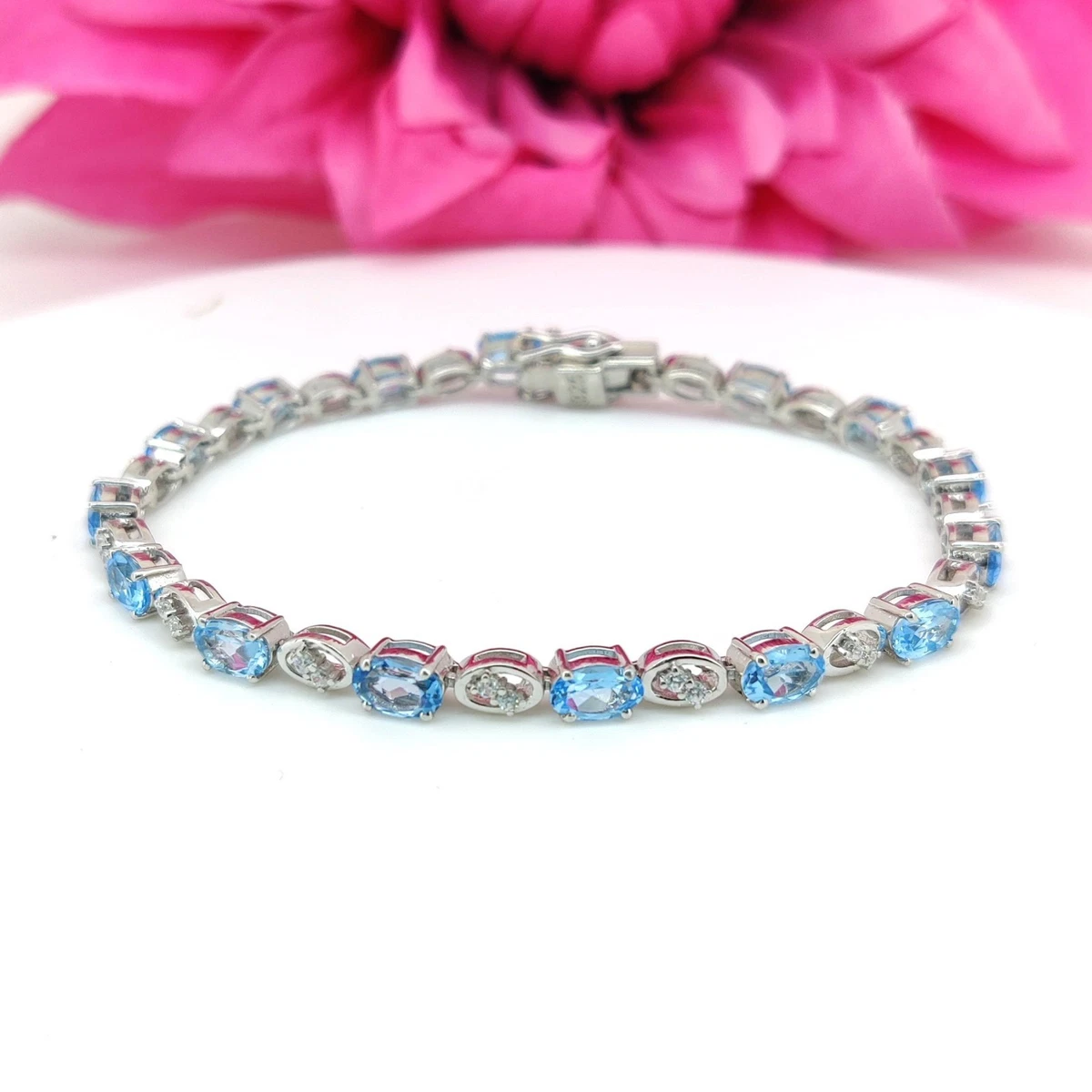Swiss Blue Topaz Tennis Bracelet 925 Sterling Silver Oval Gemstone Bracelet Gift