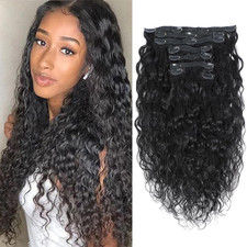 Water Wave Clip in Hair Extensions Human Curly Hair Natural Black 1B Double Weft