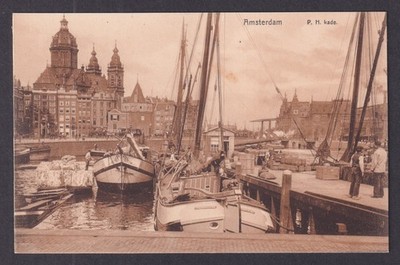 Vintage Postcard Netherlands Amsterdam Amstel River Boats Harbor