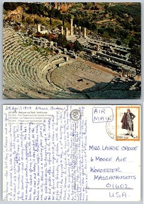 1974 Delphi Greece Ancient Theatre & Temple of Apollo Postcard Posted Air Mail