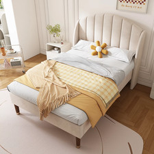 3ft Single Bed with Headboard Slatted Frame Velvet Youth Bed Easy Assembly Beige