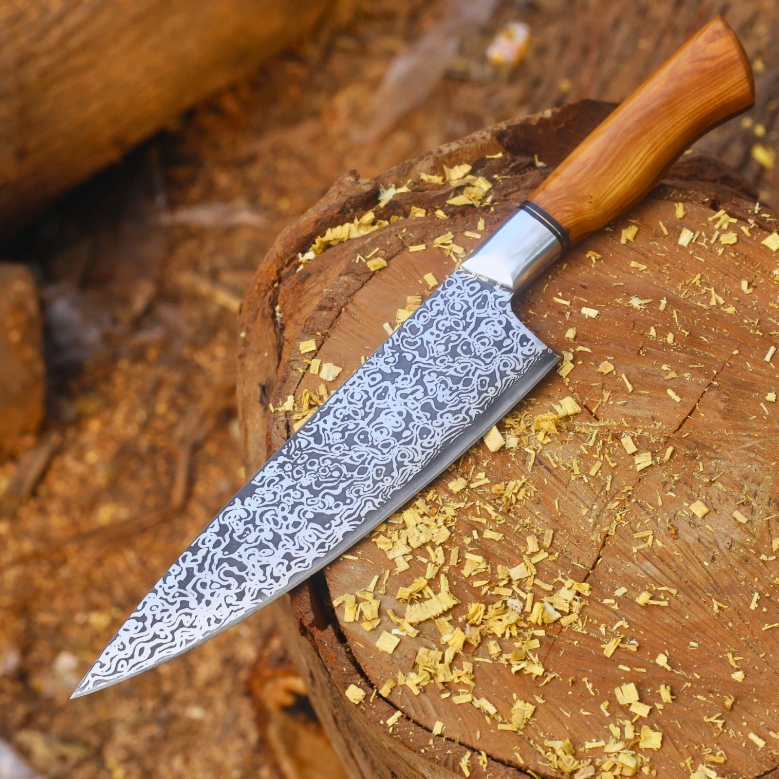 Hand-Forged Damascus Chef Knife Razor Sharp Blade with Olive Wood Handle
