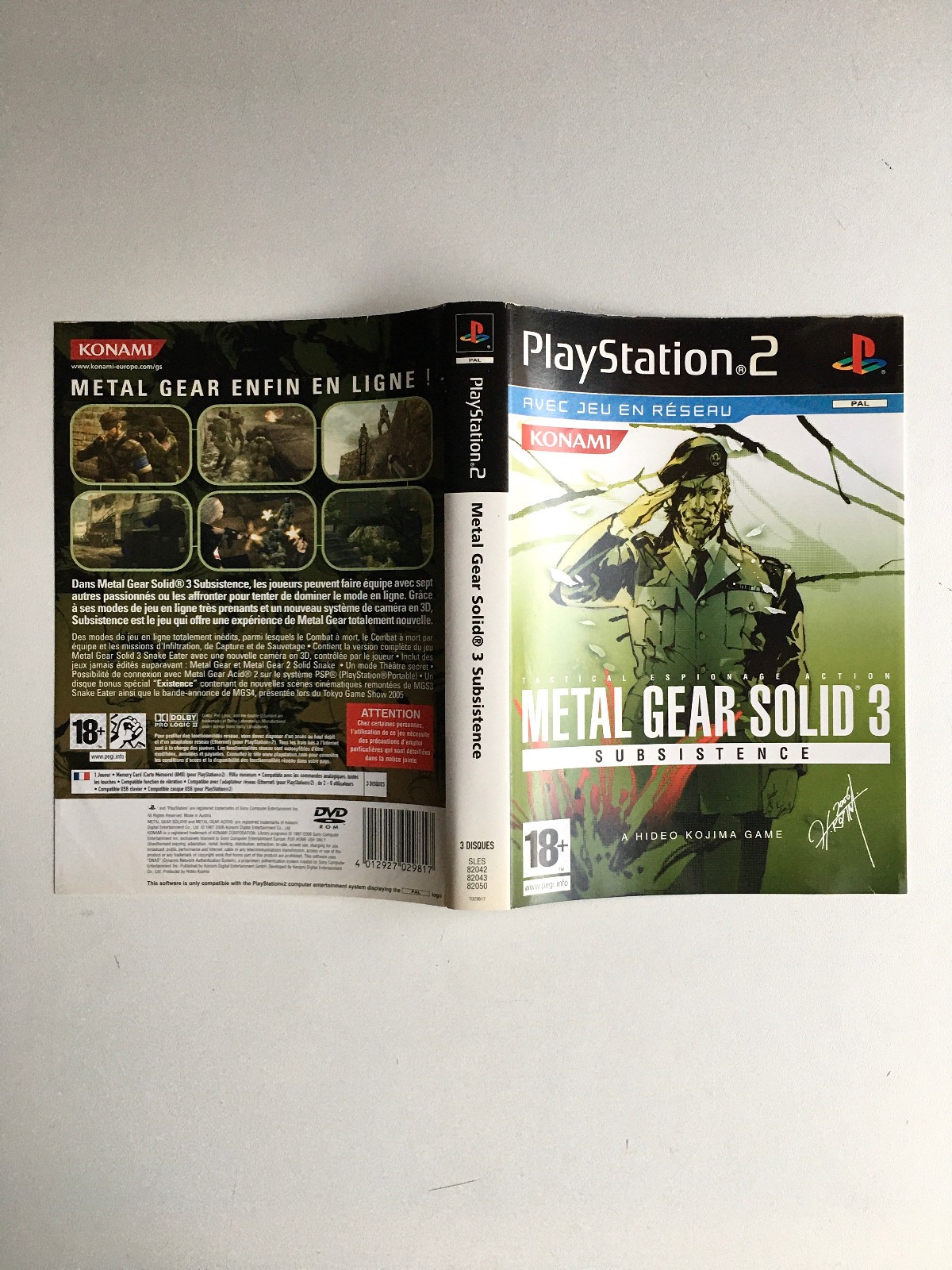 Jaquette MGS Metal Gear Solid 3 Subsistence PS2, Hideo Kojima, Infiltration