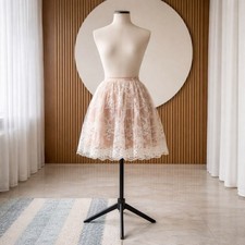 Floral Nude Lace Tulle A-Line Skirt Romantic Scalloped Hem Coquette Whimsical
