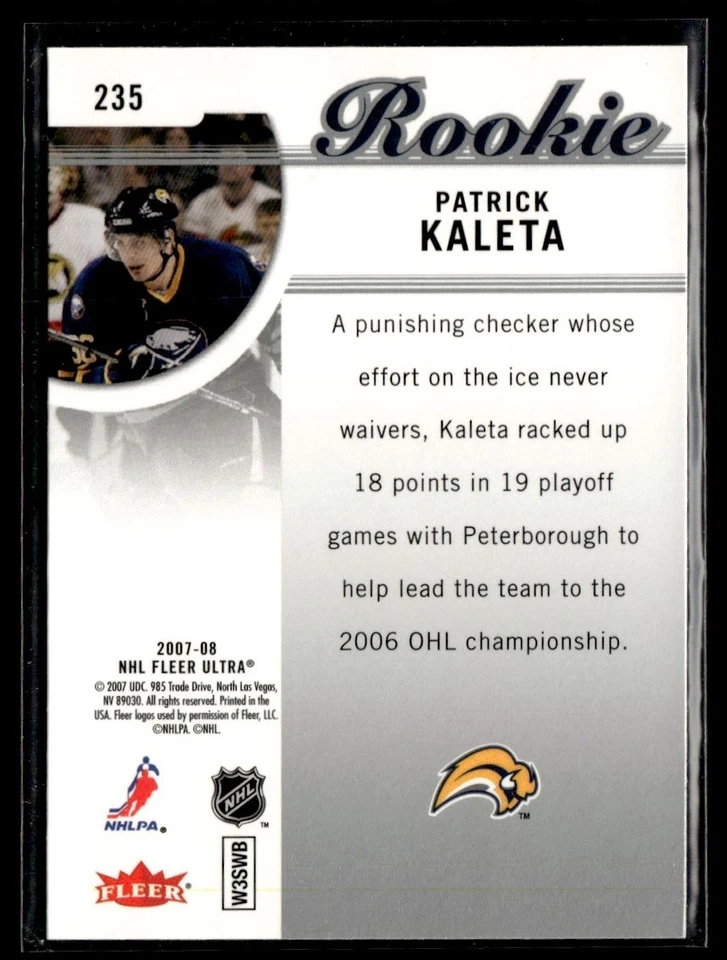 2007-08 Fleer Ultra Rookie Patrick Kaleta Rookie Buffalo Sabres #235 - Image 2 of 2