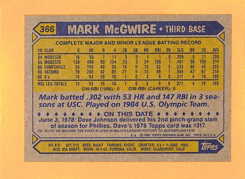 1987 Topps #366 Mark McGwire Oakland Athletics - Picture 2 of 2